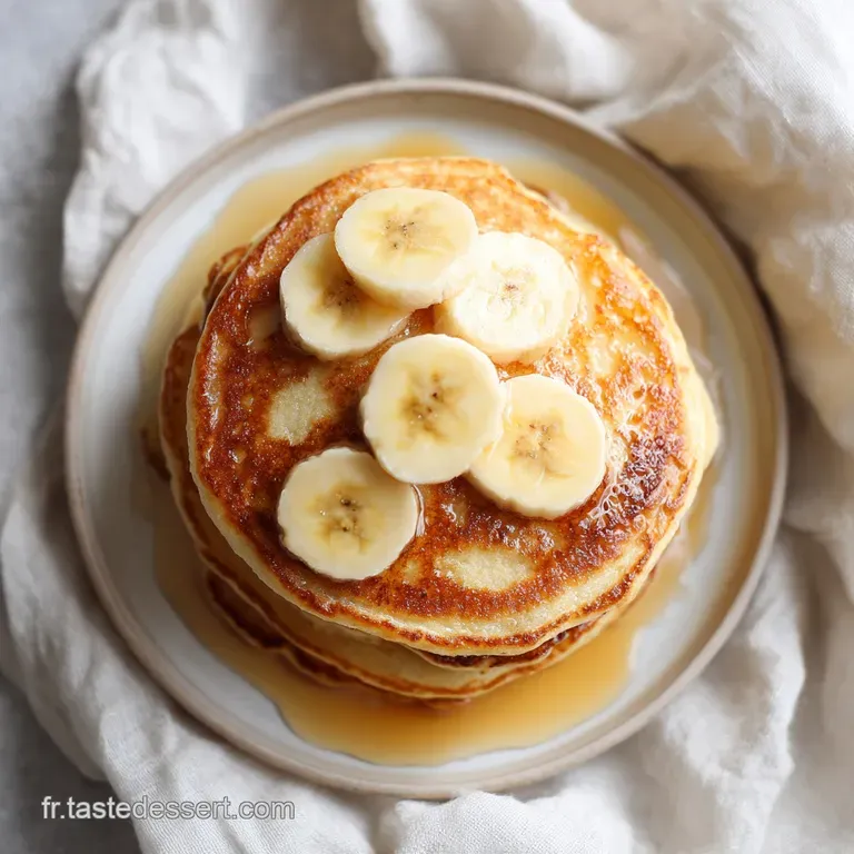 Warm, fluffy banana pancake stack, drizzled with syrup, resting on a white plate with a sprig of mint for garnish.