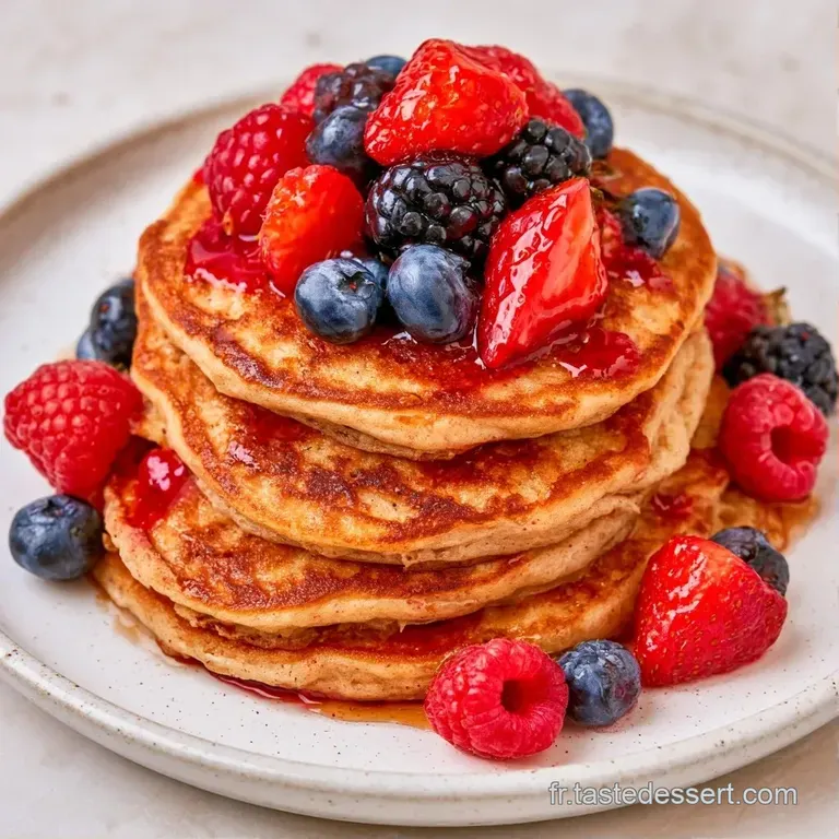 Assiette &eacute;pur&eacute;e pr&eacute;sentant des pancakes &eacute;pais et dor&eacute;s, agr&eacute;ment&eacute;s de fruits rouges &eacute;clatants et de menthe fra&icirc;che.