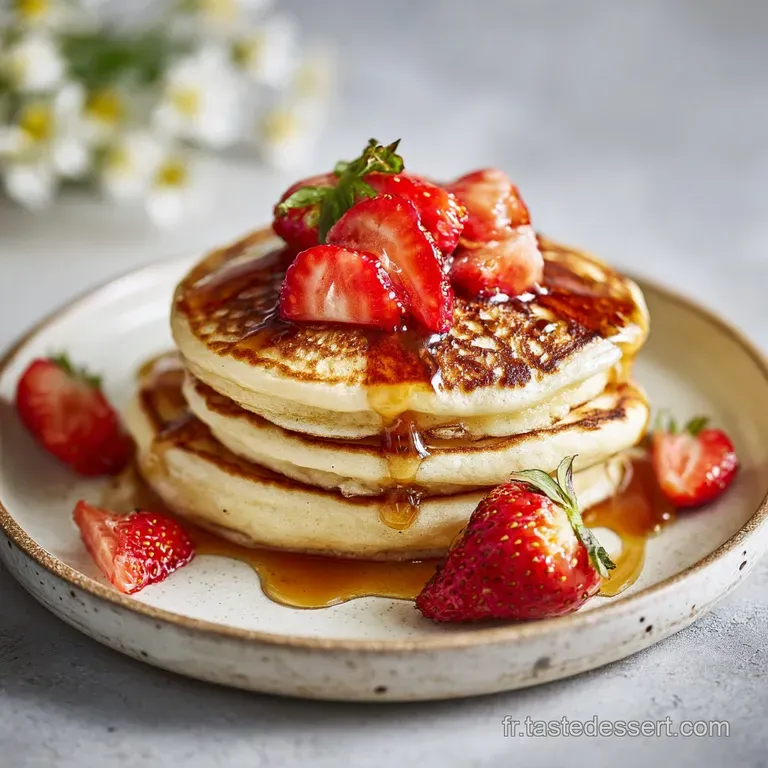 Fluffy, light pancakes presented on a white plate; soft focus, warm lighting accentuates the inviting breakfast.