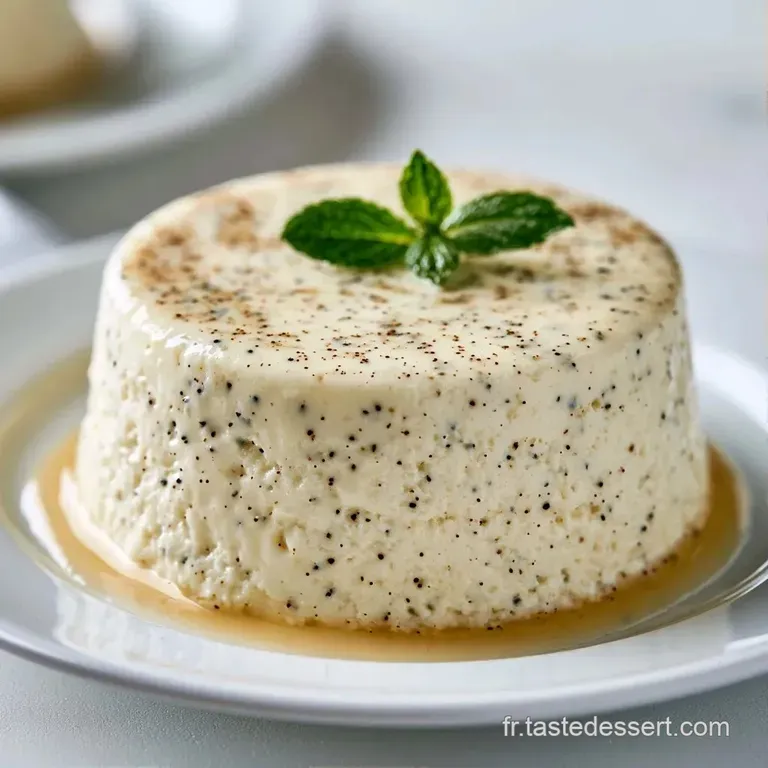 Dessert givr&eacute; blanc cr&egrave;me dress&eacute; avec &eacute;l&eacute;gance, surmont&eacute; d'une feuille de menthe fra&icirc;che sur une assiette blanche.