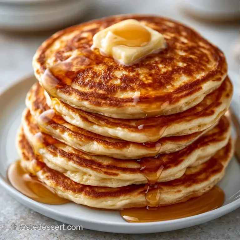 Pile de cr&ecirc;pes &eacute;paisses sur assiette blanche, d&eacute;cor&eacute;e de baies rouges juteuses et d'un voile de sucre glace fin.
