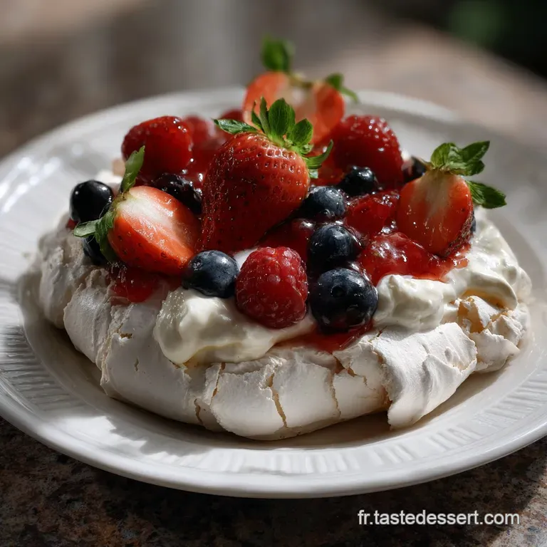 Delicate meringue nests, filled with fresh berries and cream, presented on an elegant white dessert plate, with a light du...