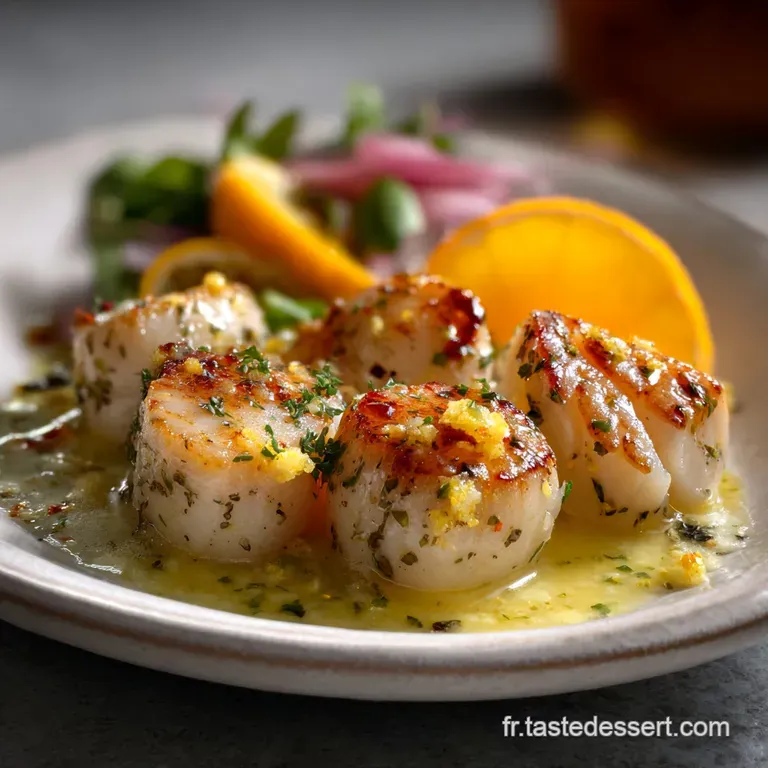 Elegant plate featuring caramelized scallops and a swirl of creamy butternut squash. Garnished with microgreens and a driz...