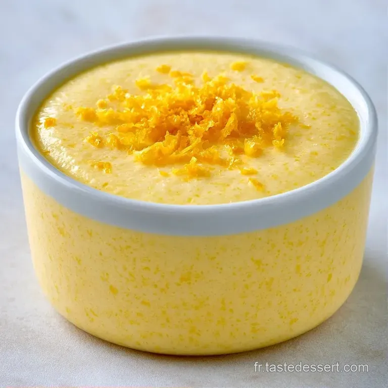 Dessert cr&eacute;meux et lisse dans un verre transparent, surmont&eacute; d'un zeste de citron jaune et d'une baie rouge brillante.