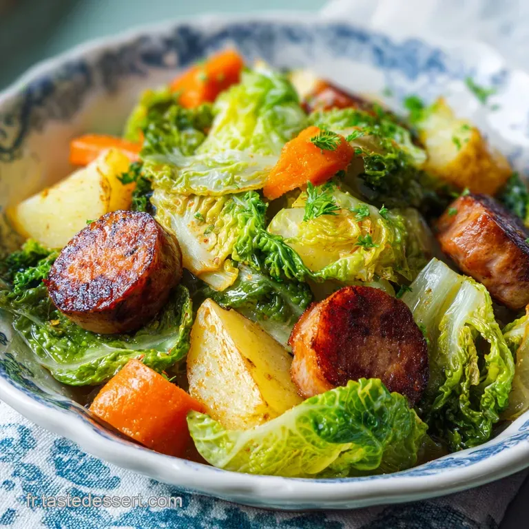 Assiette &eacute;pur&eacute;e o&ugrave; s'organisent des morceaux de viande juteuse, du chou fondant et des rondelles de carottes color&eacute;es.