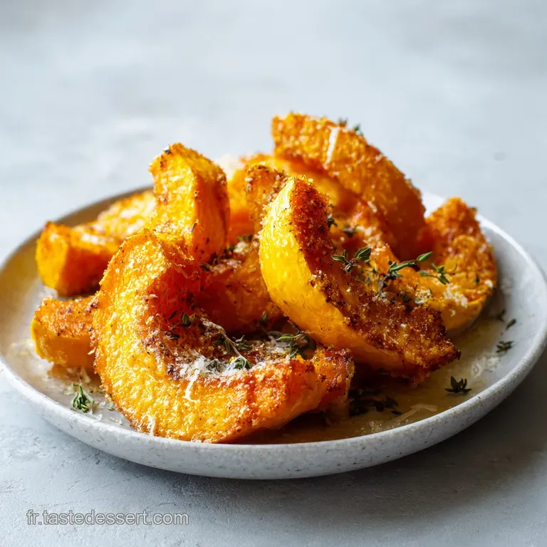 Morceaux de courge orange r&ocirc;ti dispos&eacute;s avec soin dans une assiette blanche, surmont&eacute;s d'un parmesan dor&eacute; et croustillant.