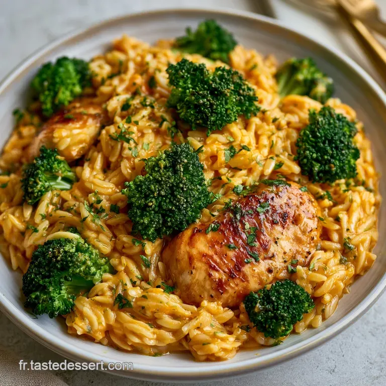 Assiette &eacute;l&eacute;gante r&eacute;v&eacute;lant un m&eacute;lange onctueux de p&acirc;tes nacr&eacute;es, poulet tendre et brocolis verts, le tout fumant.