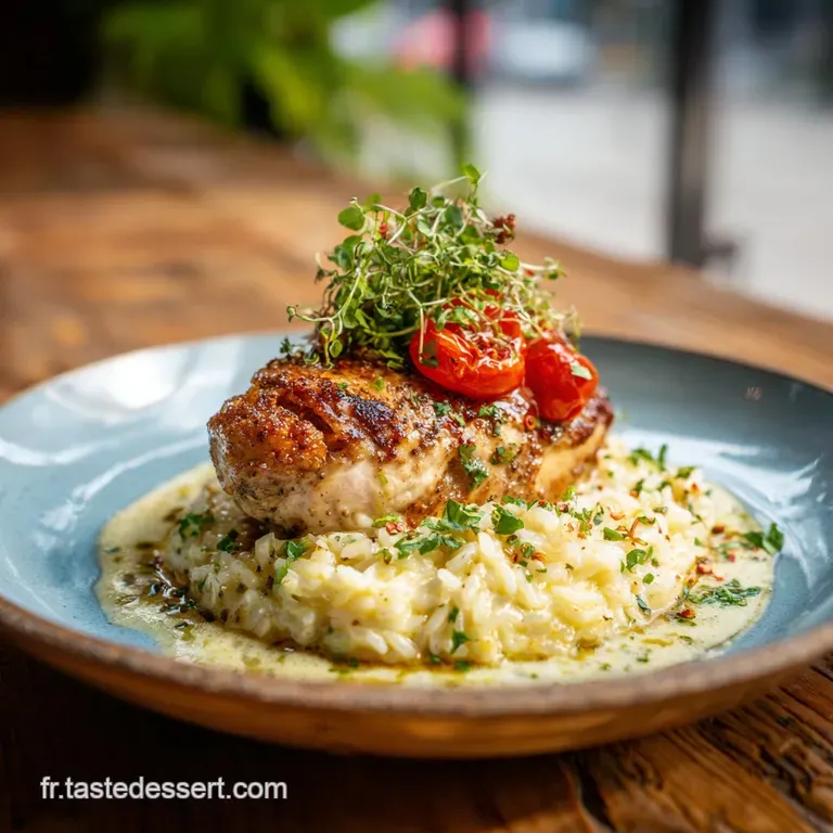Elegant plate of creamy chicken and rice, garnished with fresh parsley; steam rises, hinting at warmth and comfort.