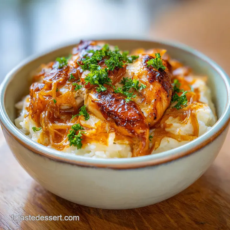 Elegant plate of creamy chicken and rice, garnished with vibrant green herbs. A spoonful of sauce pools on the side, invit...