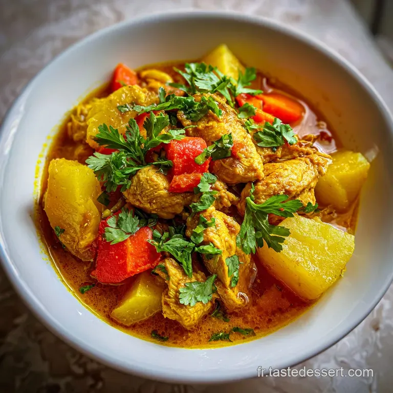 A perfectly plated portion of yellow curry chicken with fluffy white rice, sprinkled with fresh coriander, showcasing the ...
