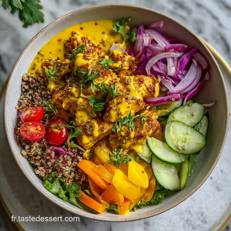 Perfectly arranged plate of tender chicken and fluffy quinoa with colorful vegetables, inviting and fresh.