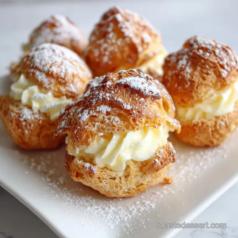 Three cream-filled profiteroles drizzled with dark chocolate sauce on a white plate. Elegant dessert against a blurred bac...