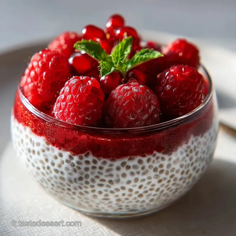 Elegant parfait glass filled with creamy chia seed pudding; topped with artfully arranged berries and a dusting of powdere...