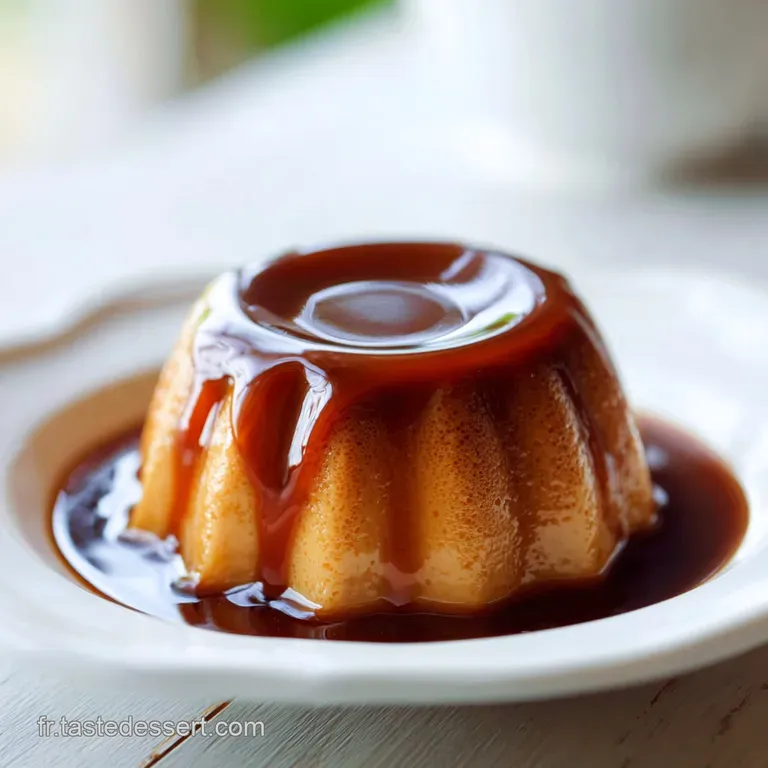 Silky, golden caramel cascades over a swirl of whipped cream on a dark plate.