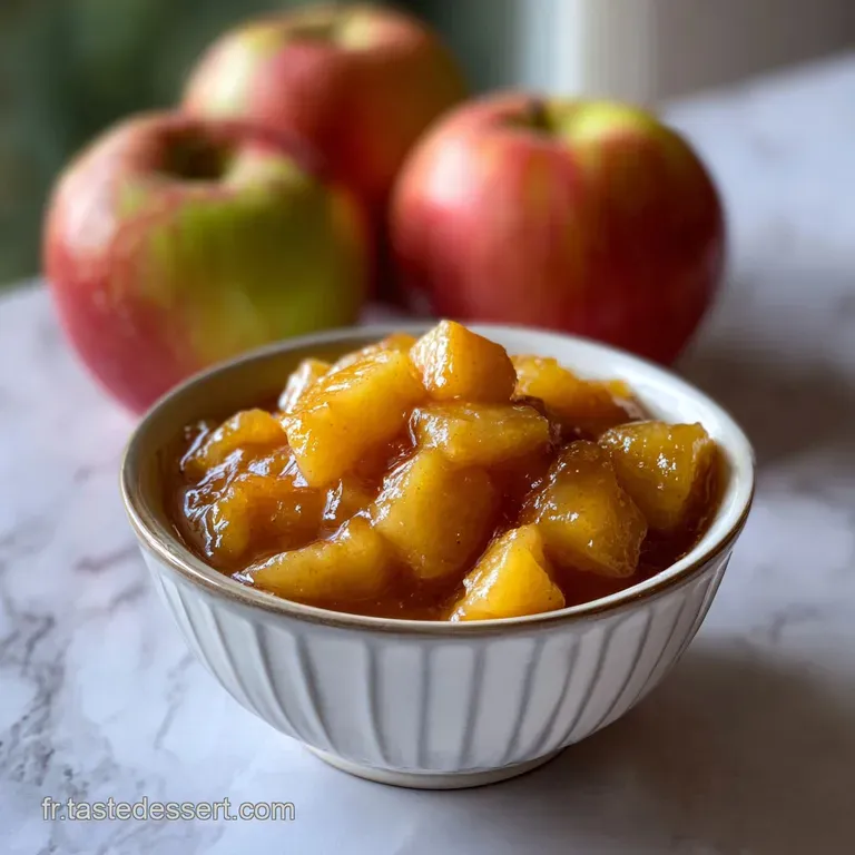 Elegant glass bowl filled with smooth, golden apple compote. Drizzled with honey. Mint sprig on top. Warm and inviting.