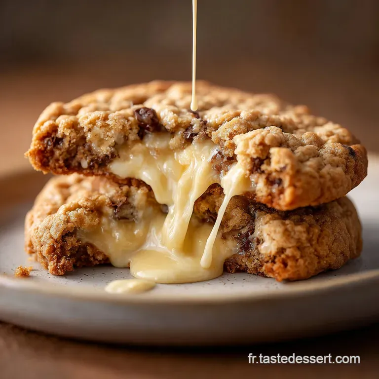 Stack of soft chocolate chip cookies, some broken open to show gooey center, dusted with powdered sugar on a rustic plate.