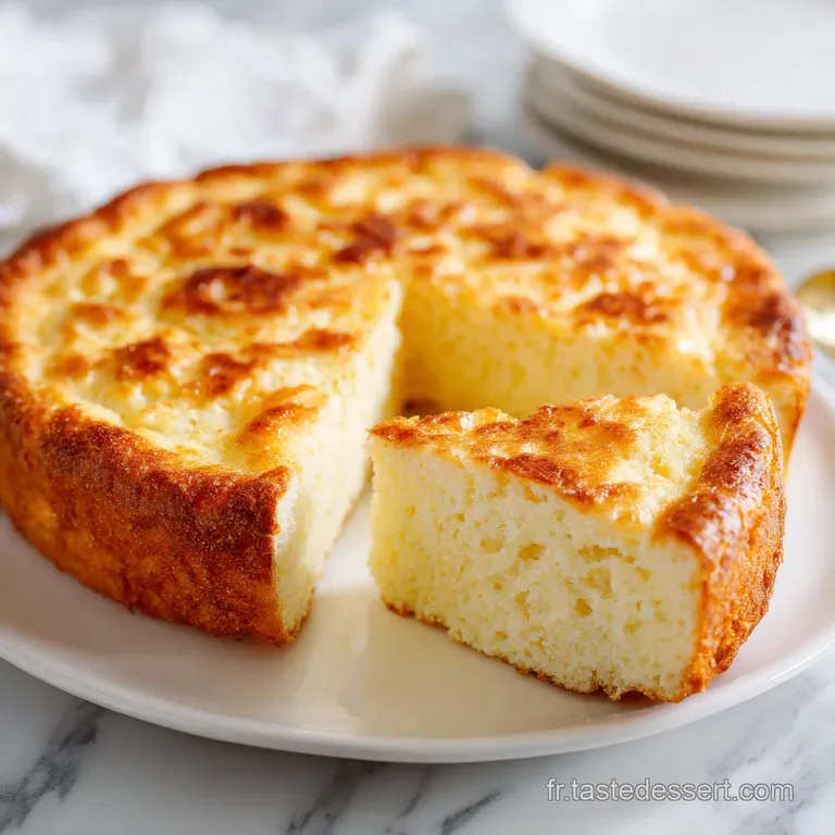 Elegant slice of savory cake, dusted with herbs, rests on a white plate with a drizzle of sauce.