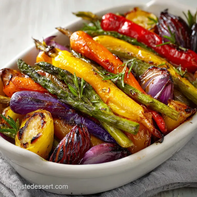 Artfully arranged vegetables on a white plate, drizzled with balsamic glaze and sprinkled with toasted pine nuts, vibrant ...