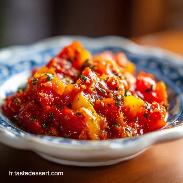 Bright red Ezme salad artfully piled on pita, with a sprig of parsley, hints of chili flakes, ready to be served and enjoyed.