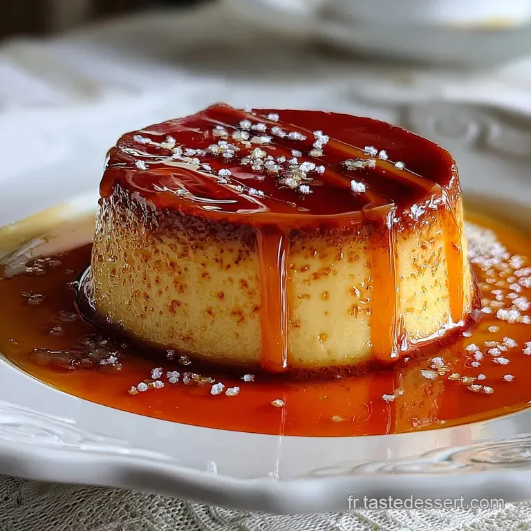 Creamy caramel flan slice on a white plate, glistening under light. Garnished with a sprig of mint, the texture appears ve...