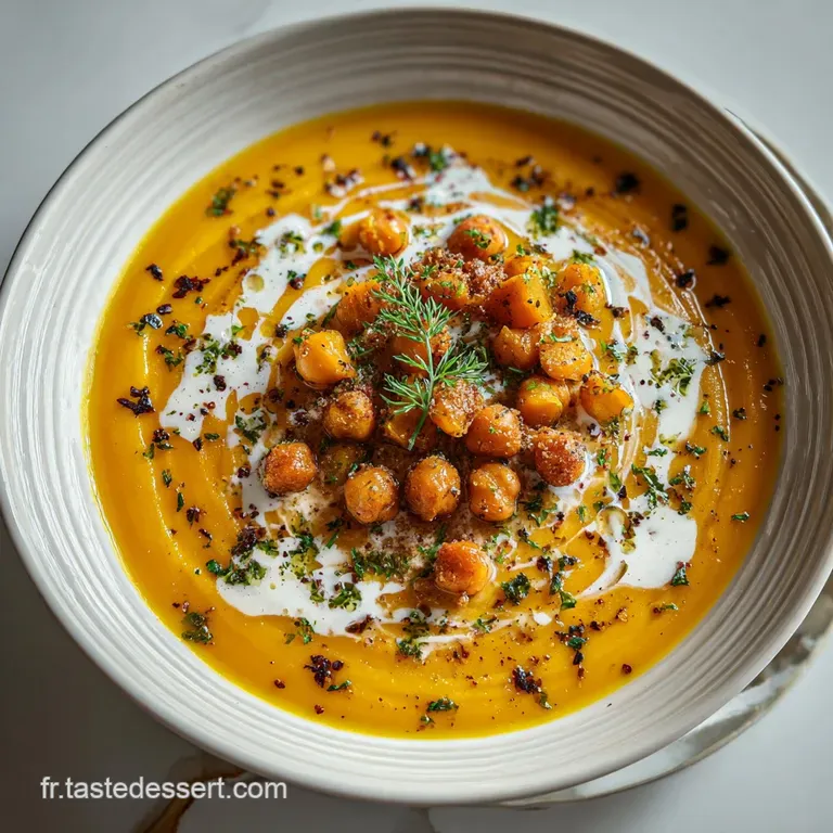Elegant bowl of vibrant orange soup with crispy chickpea topping, garnished with herbs, on a rustic wooden surface.