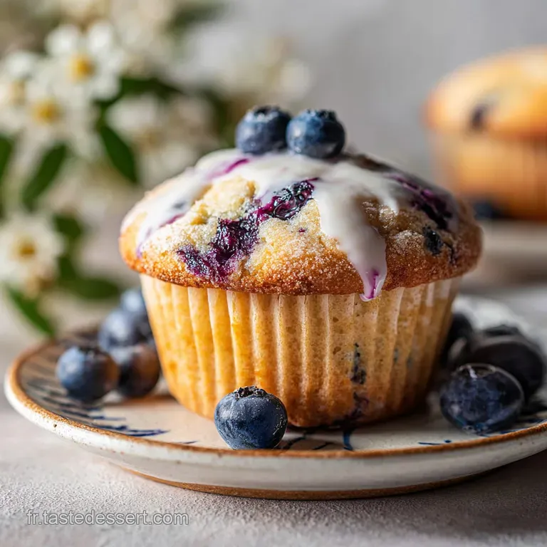Three fluffy muffins presented on a white plate, dusted with powdered sugar, alongside fresh blueberries and a sprig of mint.