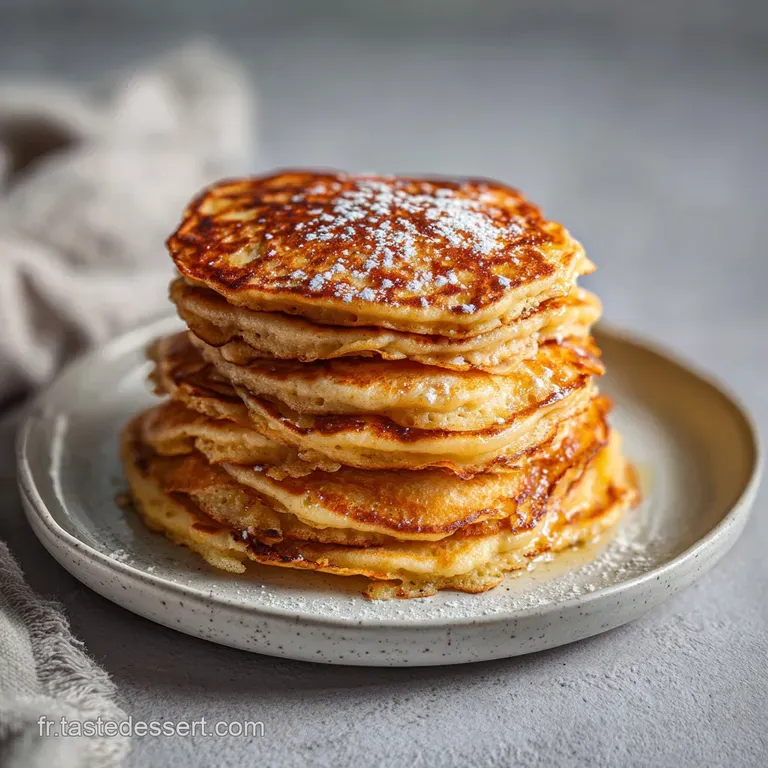 A neat stack of tender pancakes drizzled with amber syrup, topped with a dusting of powdered sugar.