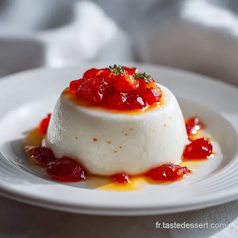 Elegant panna cotta dessert. Drizzled with bright red berry coulis and garnished with fresh mint sprigs in a stem glass.