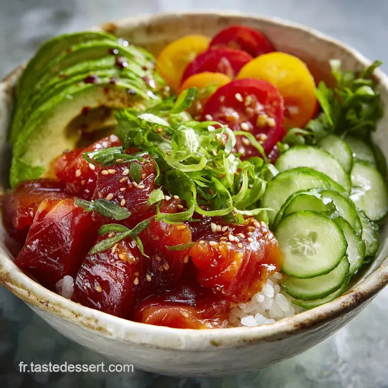 Artfully arranged poke bowl: glistening salmon cubes, bright greens, and neatly arranged vegetables create an enticing lay...
