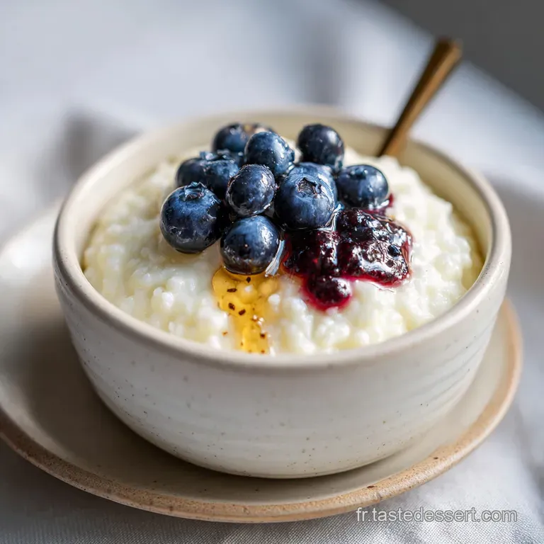 Elegant vanilla rice pudding in a glass, topped with a delicate sprig of mint. Soft lighting highlights the smooth, glossy...