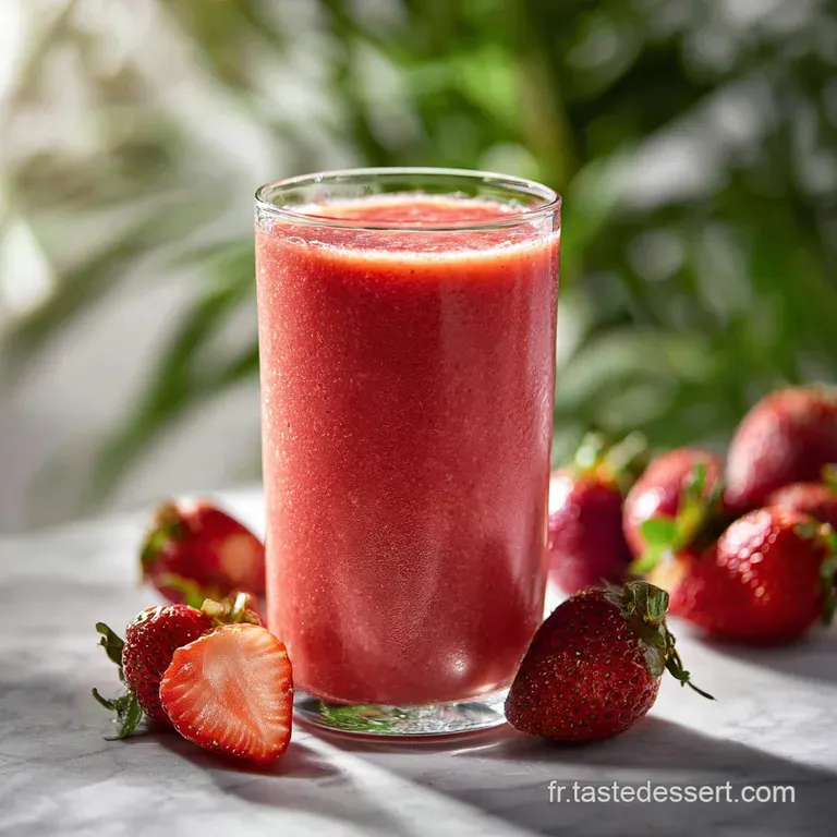 Layered smoothie in a tall glass showcases vibrant colors and creamy layers, topped with fresh berries and chia seeds for ...