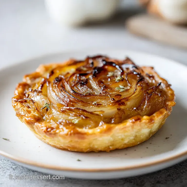 Slice of warm onion tart on a white plate. The caramelized onions glisten, inviting a first bite. Fresh herbs garnish the ...