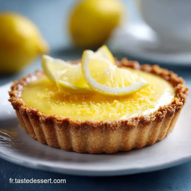 Slice of lemon tart on a white plate, glistening custard with toasted meringue swirls, powdered sugar dusting, bright and ...