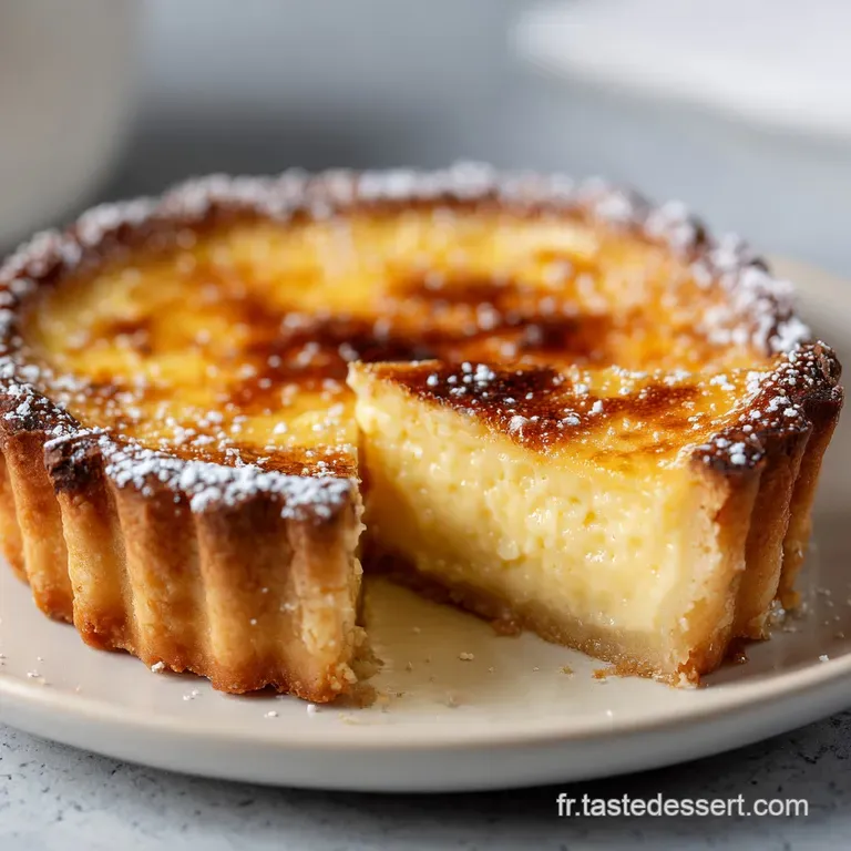 Slice of creamy white cheese tart on a plate, next to fresh berries and a sprig of mint. Lightly dusted with confectioners...