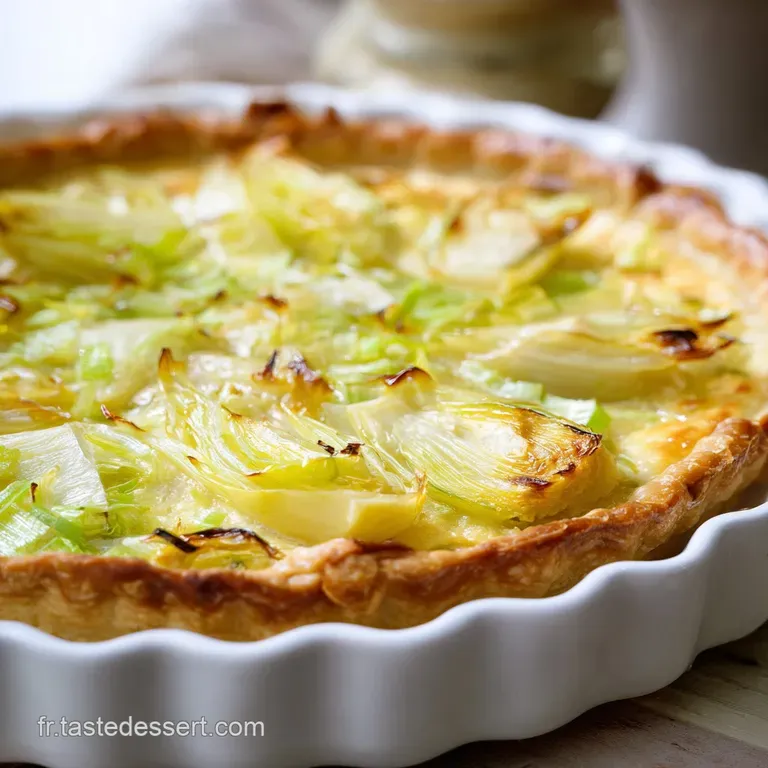 A rustic leek tart slice on a white plate, showcasing a soft, yielding filling and golden crust.