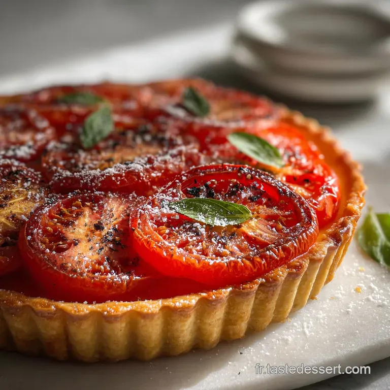 Slice of tomato tart on a white plate, showcasing the flaky crust, juicy tomatoes, and sprinkle of herbs.