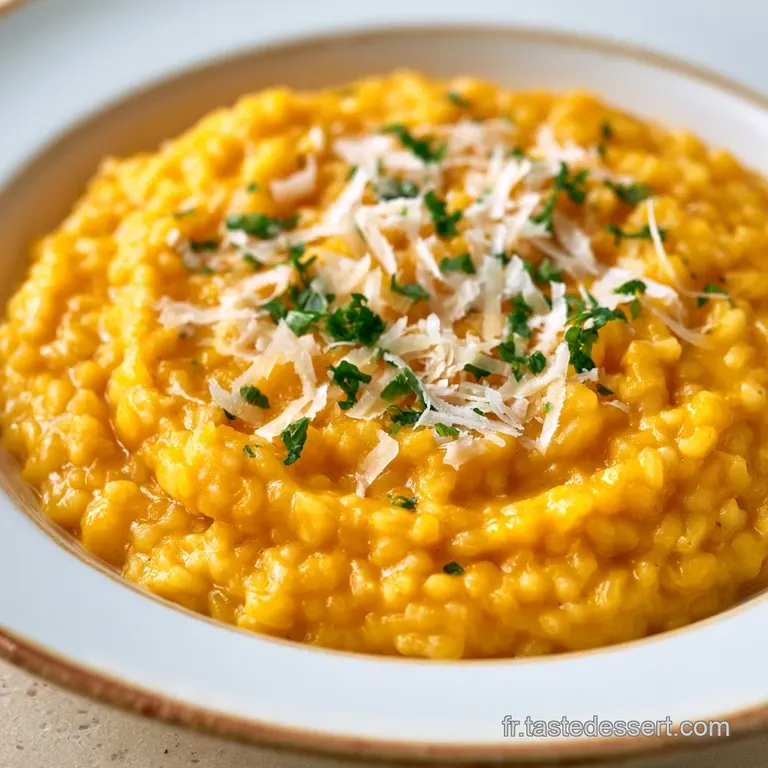 Dressage raffin&eacute; d'un riz onctueux orange p&acirc;le dans une assiette blanche, surmont&eacute; de copeaux de fromage fondants.