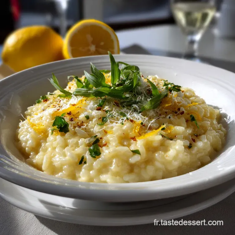 Elegant swirl of Parmesan risotto, garnished with a lemon twist and a sprinkle of fresh parsley, radiating a sense of fres...