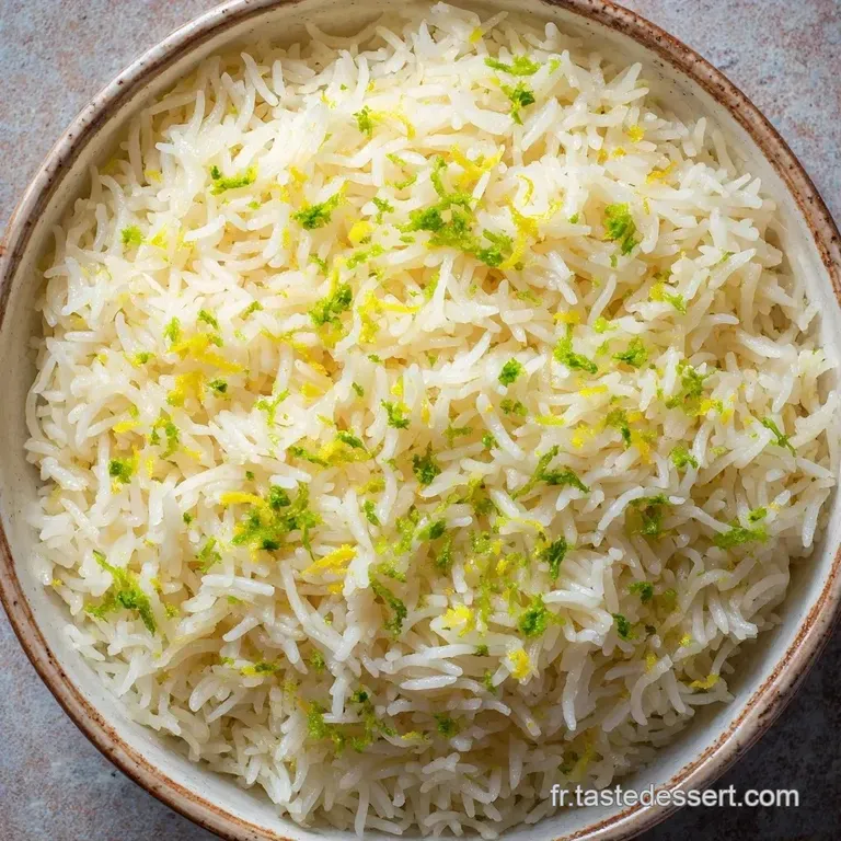 Riz jaune p&acirc;le dress&eacute; en d&ocirc;me, entour&eacute; de quartiers de citron juteux et d'herbes vertes sur une assiette blanche.