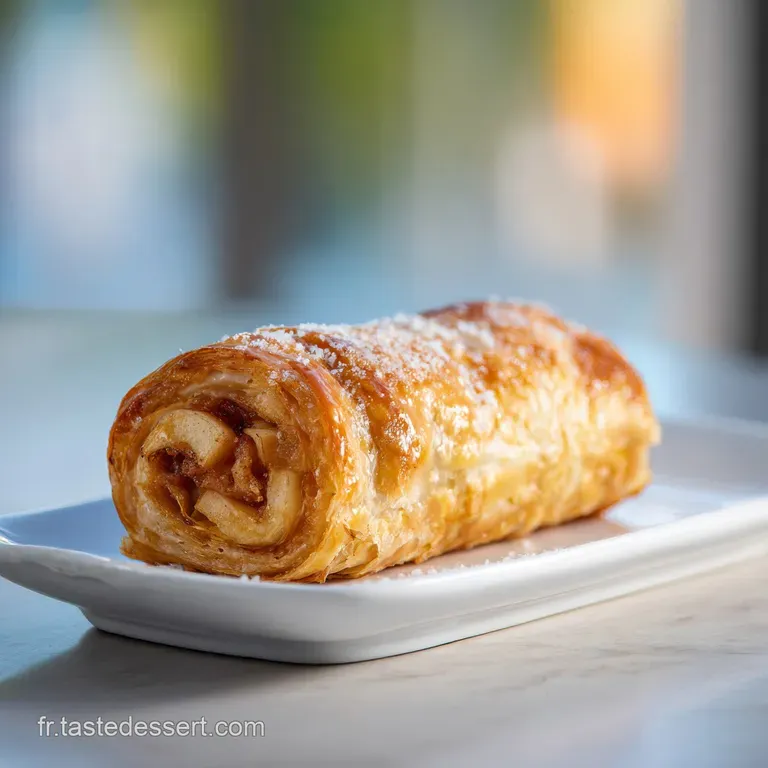 Delicate apple pastry slice with a dusting of powdered sugar on a white plate. Warm, inviting dessert for a cozy moment.