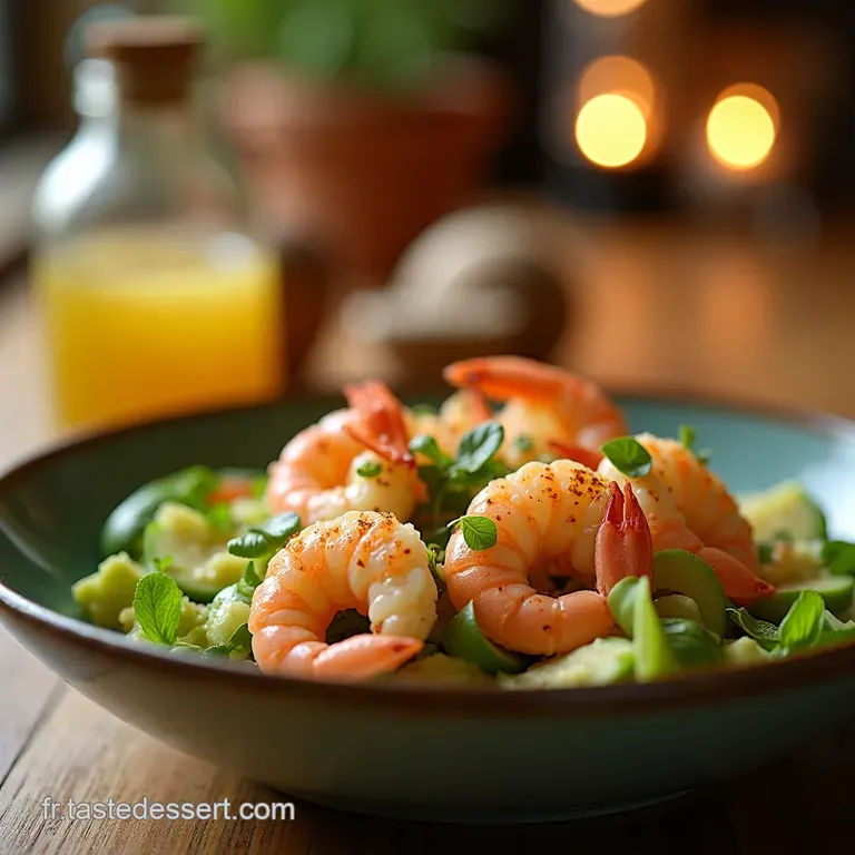 L&eacute;l&eacute;gance Tropicale Salade Davocat Cr&eacute;meux Crevettes Marin&eacute;es Aux Agrumes Et Vinaigrette Menthol&eacute;e presentation