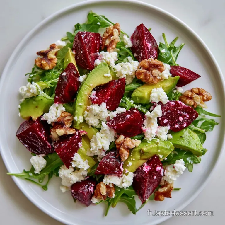 Dressage &eacute;l&eacute;gant m&ecirc;lant le rouge profond et le vert p&acirc;le, parsem&eacute; de &eacute;clats de noix croquantes et de feta fra&icirc;che.