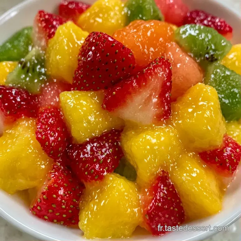 Morceaux de fruits frais dispos&eacute;s avec soin dans un verre transparent, d&eacute;cor&eacute;s d'une feuille de menthe verte et givr&eacute;e.
