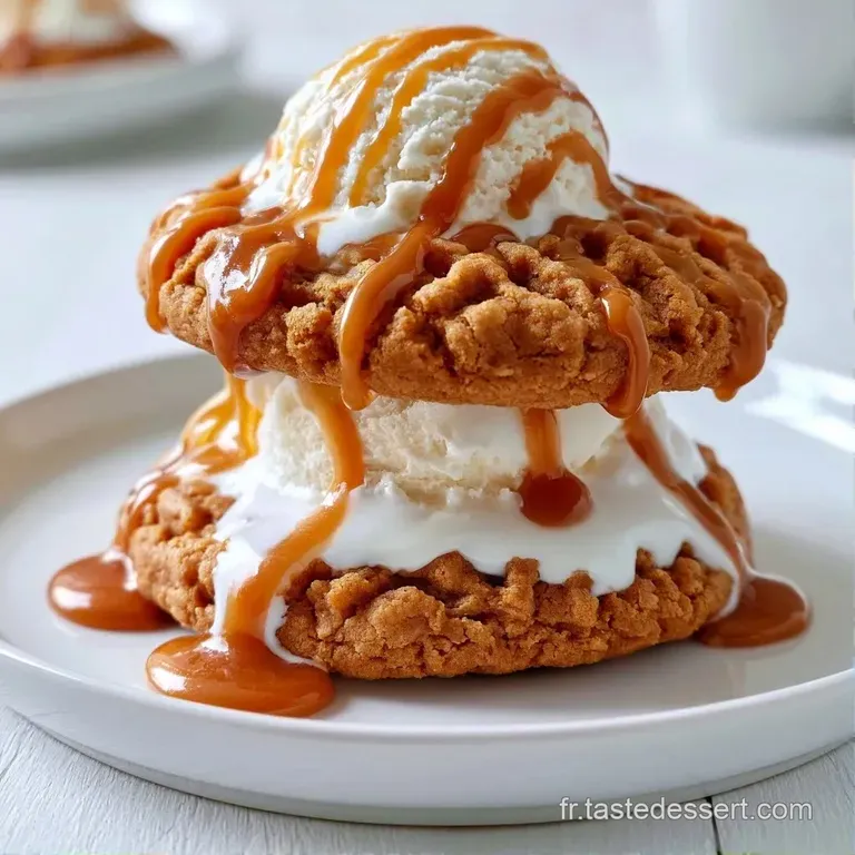 Dessert pos&eacute; sur une assiette blanche, avec des filets de caramel dor&eacute; et une texture fondante et givr&eacute;e.