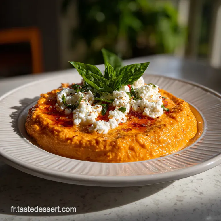 Elegant white plate showcasing roasted red pepper ribbons, dollops of ricotta, and a drizzle of olive oil. Appetizing text...
