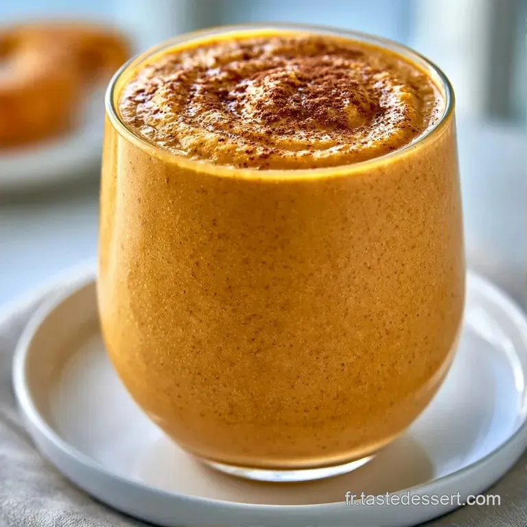 Verre transparent rempli d'une boisson orange velout&eacute;e, pos&eacute; sur un set de table en lin avec un b&acirc;ton de cannelle.