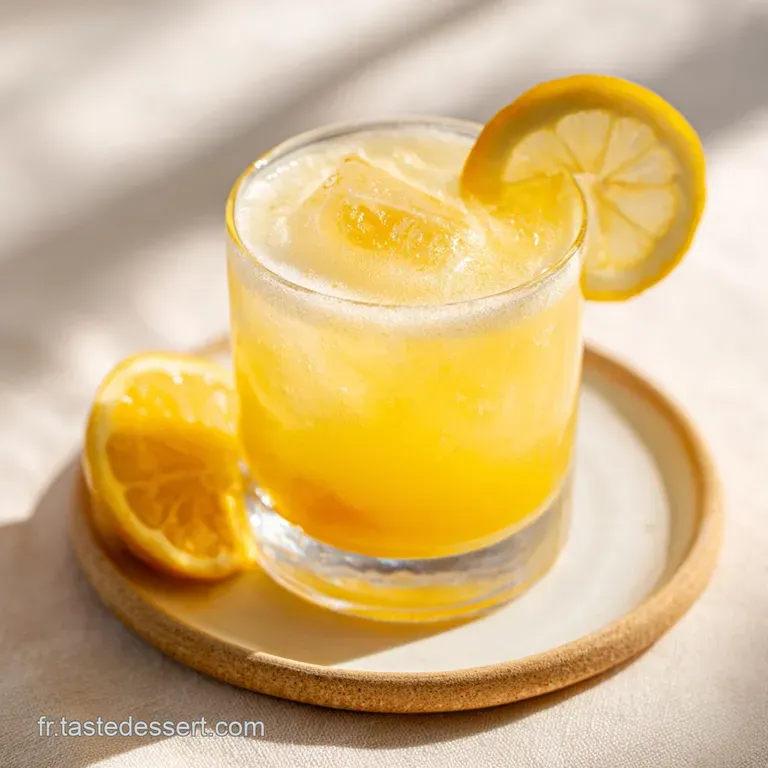 Chilled citrus drink in a stemmed glass, garnished with a bright lemon twist; refreshing and handcrafted on a sunlit table.