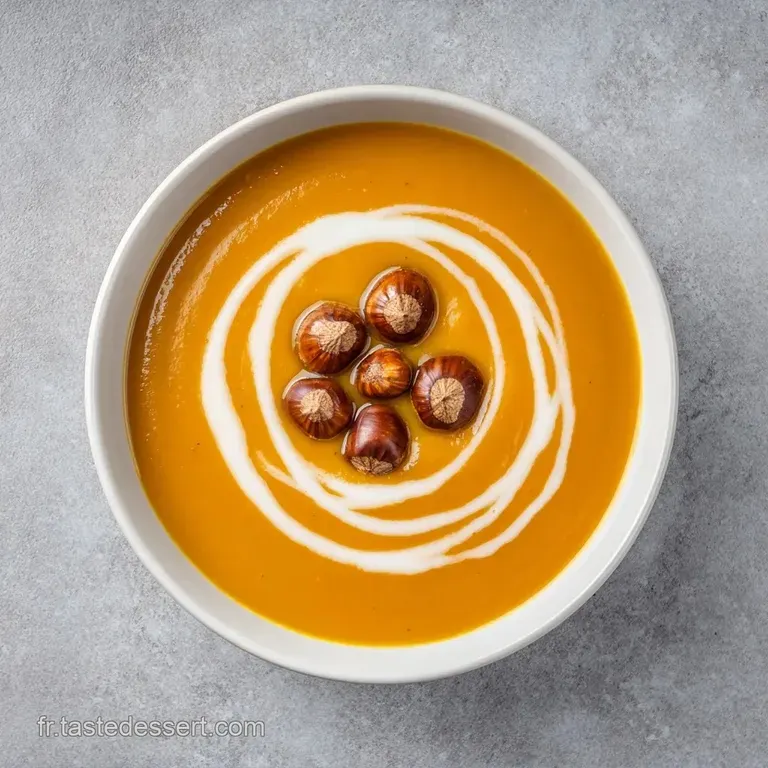 Bol blanc &eacute;pur&eacute; contenant un potage orange satin&eacute;, d&eacute;cor&eacute; de ch&acirc;taignes dor&eacute;es et de fines herbes vertes et fra&icirc;ches.