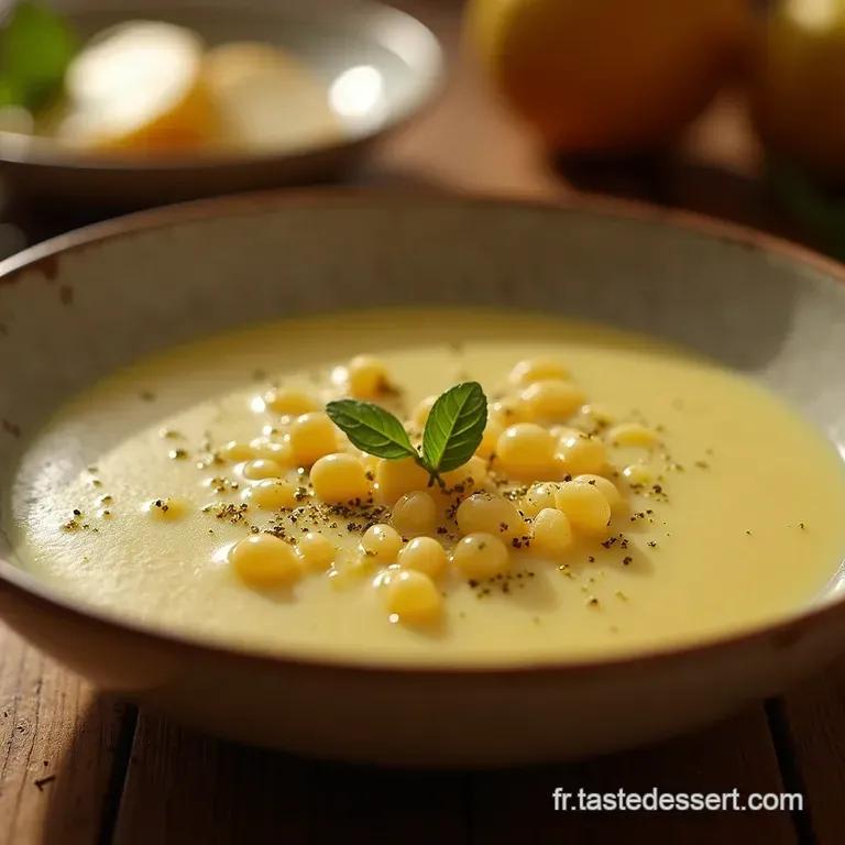 Soupe De Champagne A&eacute;rienne Velout&eacute; Froid Aux Perles De Poire Et &Eacute;clats De Pistache presentation