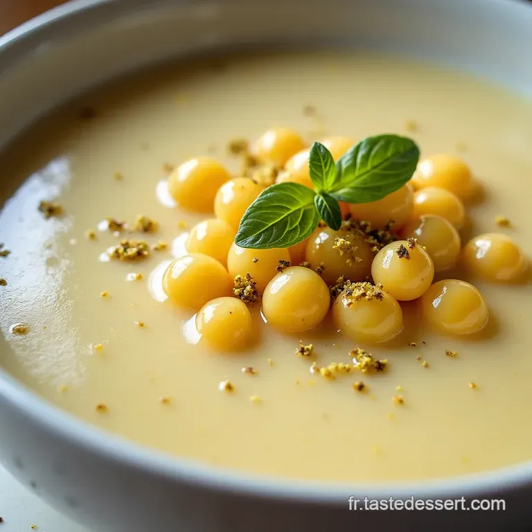 Soupe de Champagne A&eacute;rienne Velout&eacute; Froid aux Perles de Poire et &Eacute;clats de Pistache
